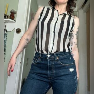 Black White Striped Sleeveless Top S sheer collar love culture button up prison